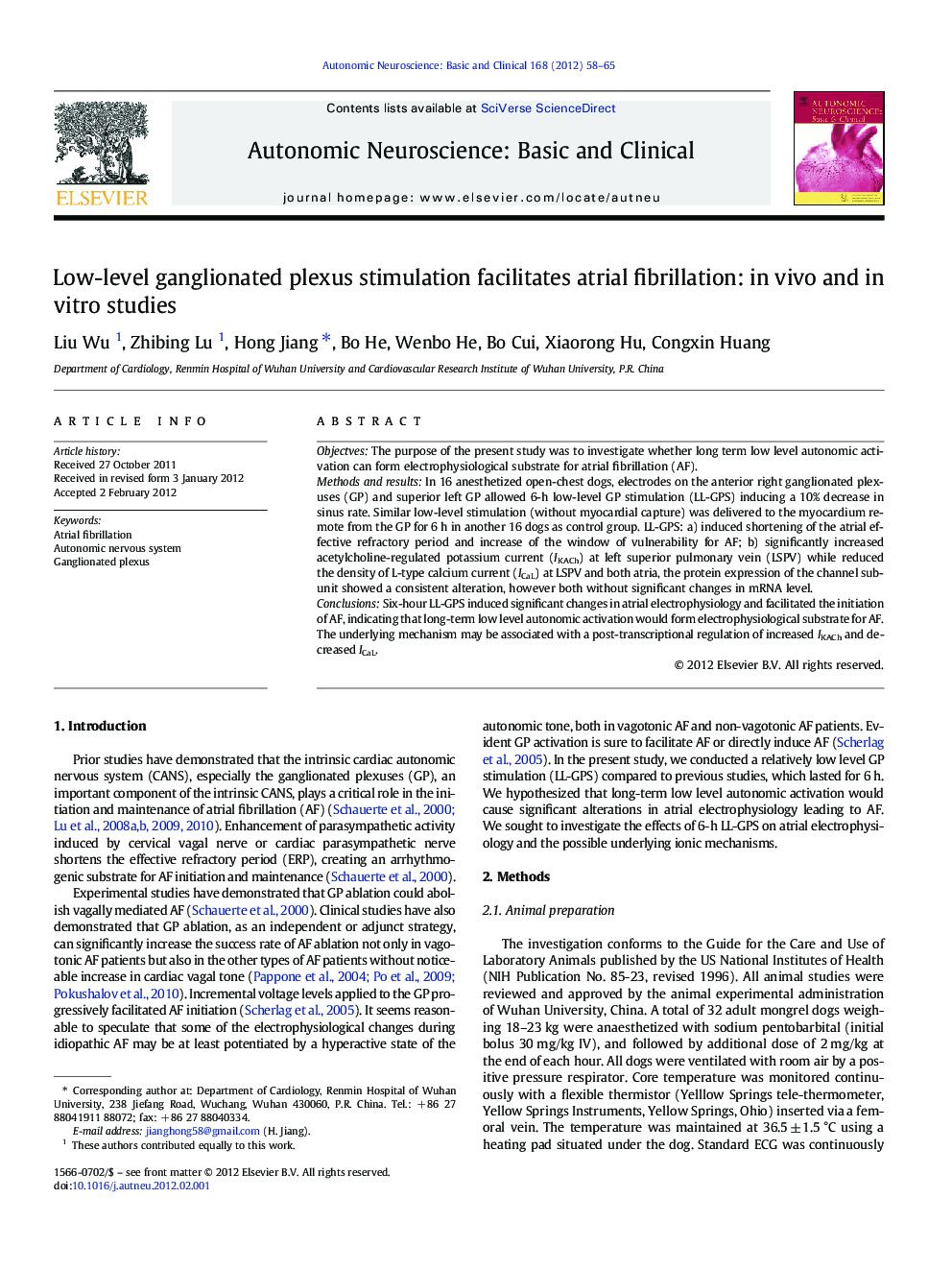 Low-level ganglionated plexus stimulation facilitates atrial fibrillation: in vivo and in vitro studies