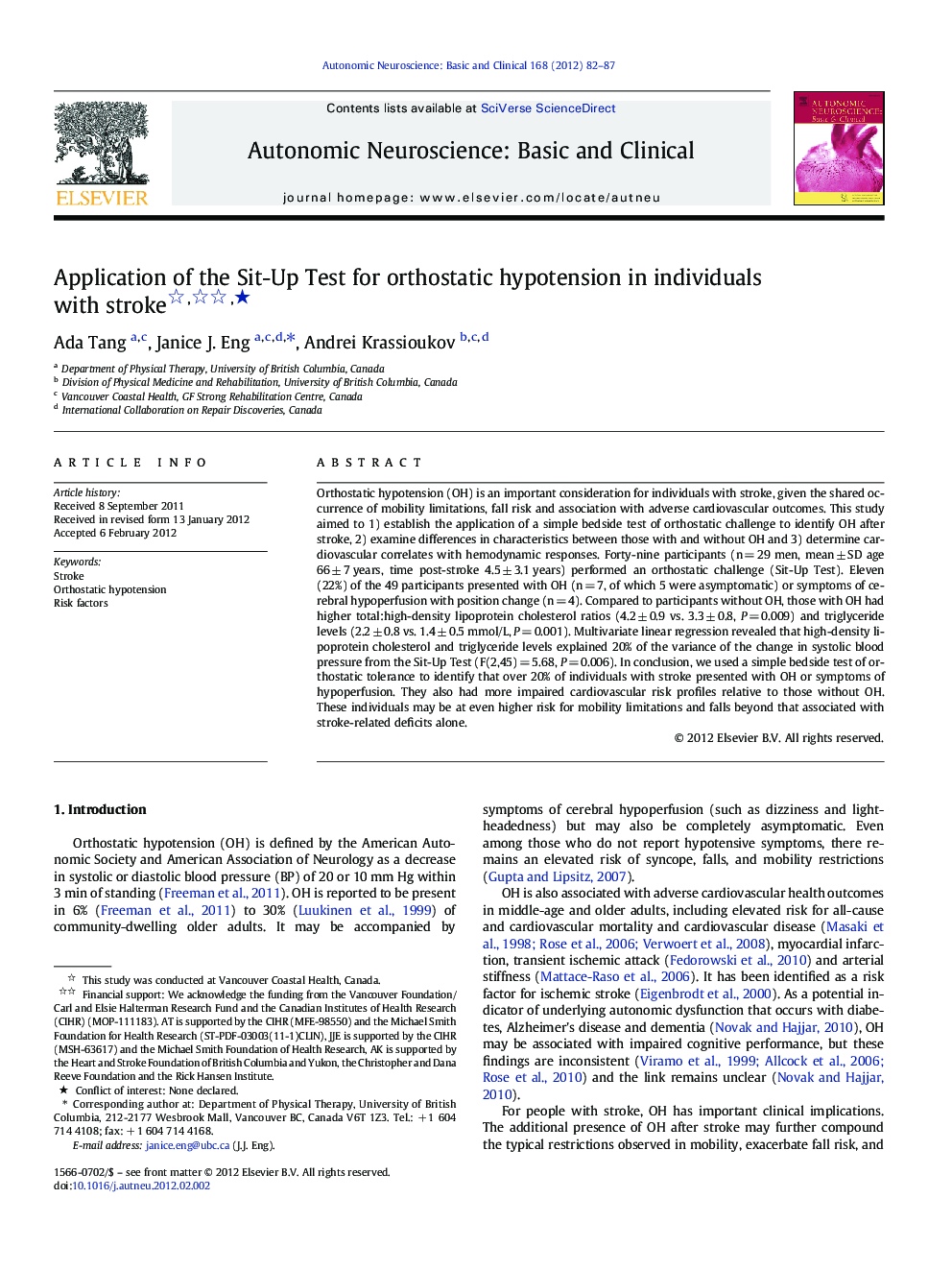 Application of the Sit-Up Test for orthostatic hypotension in individuals with stroke ★