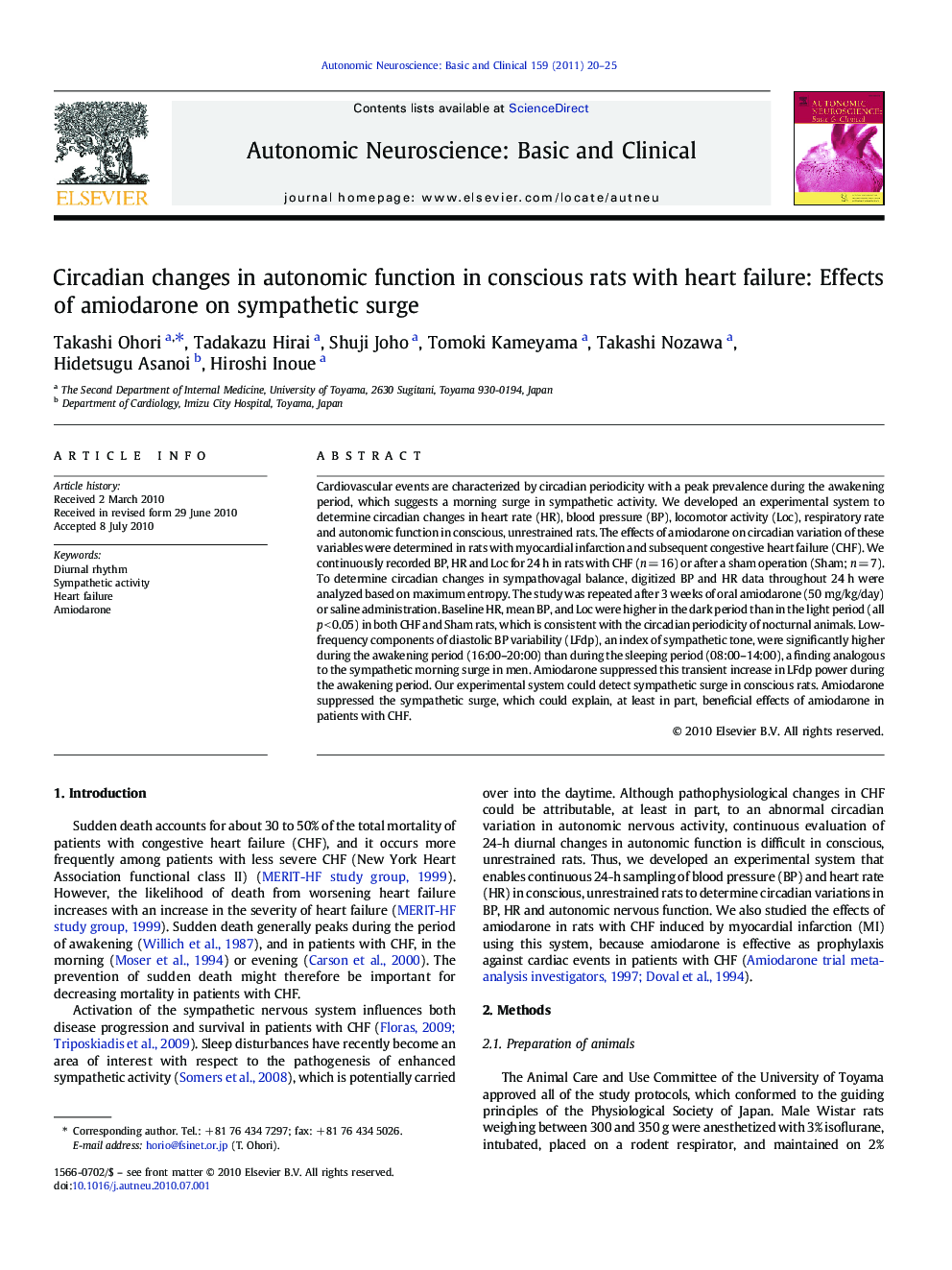 Circadian changes in autonomic function in conscious rats with heart failure: Effects of amiodarone on sympathetic surge