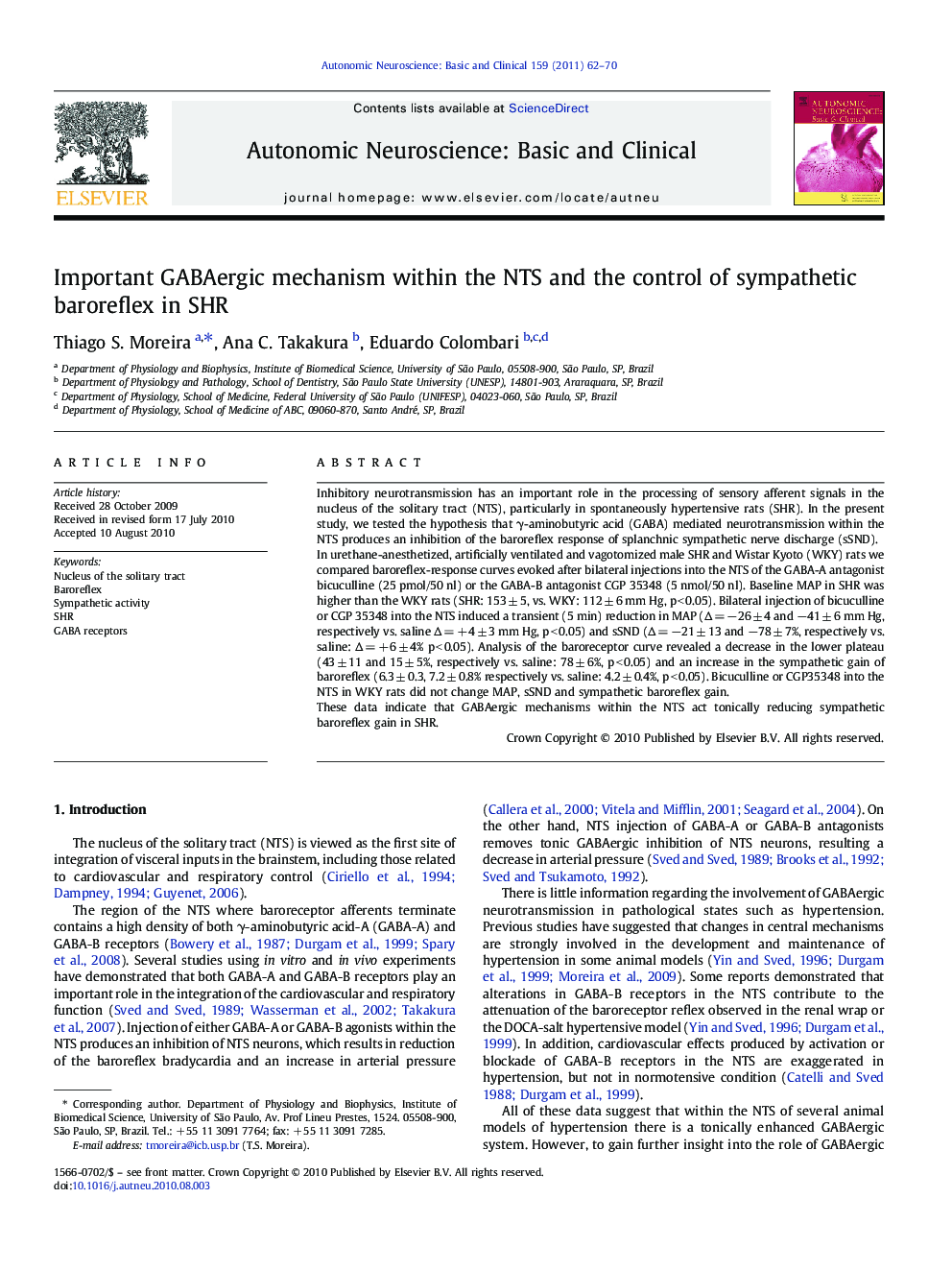 Important GABAergic mechanism within the NTS and the control of sympathetic baroreflex in SHR