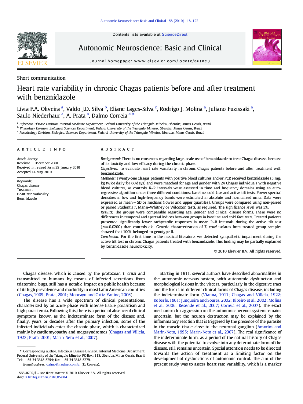 Heart rate variability in chronic Chagas patients before and after treatment with benznidazole