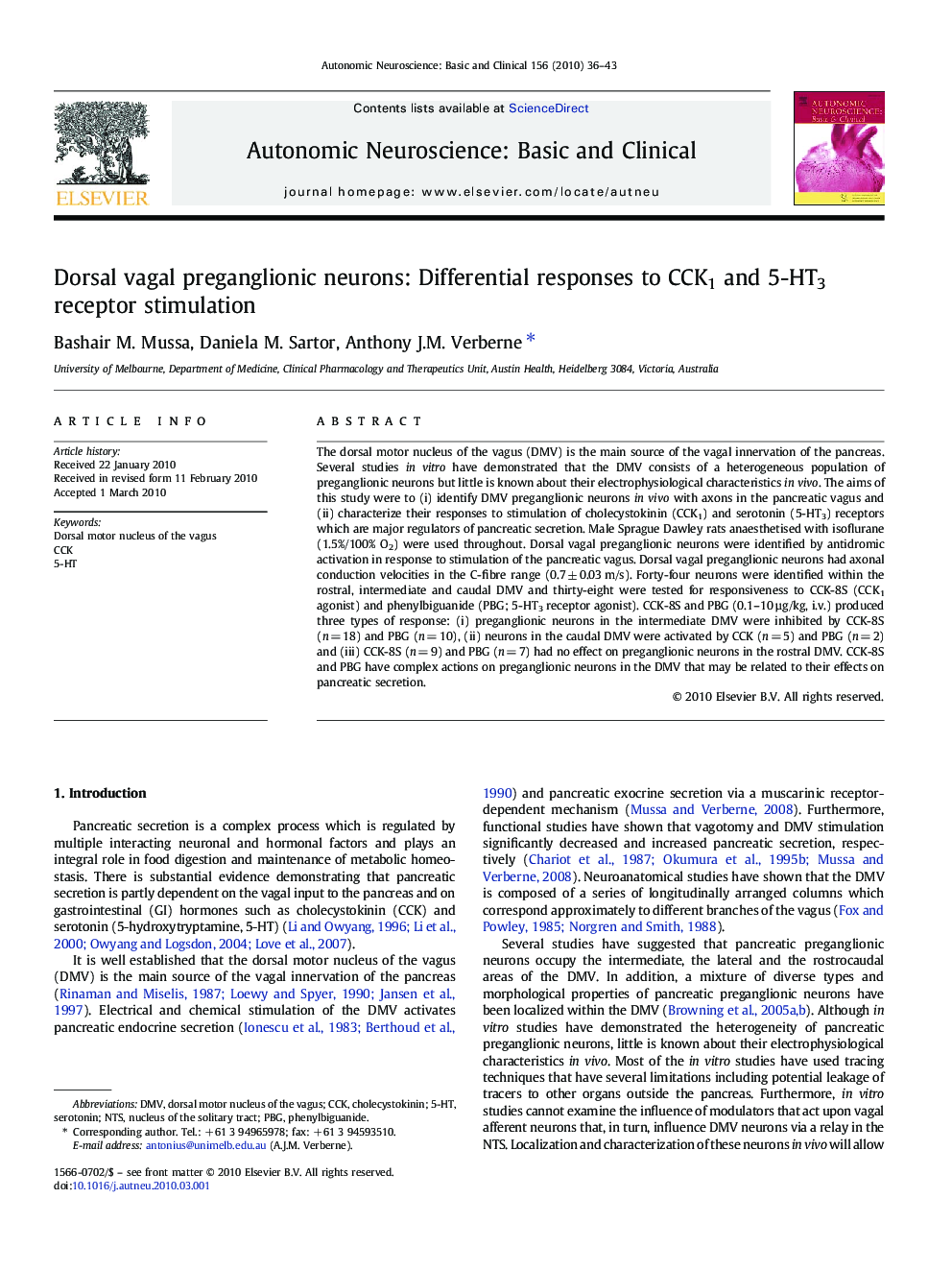 Dorsal vagal preganglionic neurons: Differential responses to CCK1 and 5-HT3 receptor stimulation