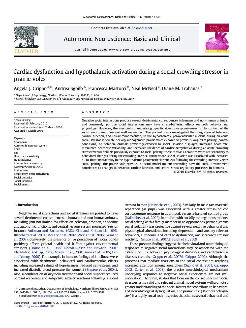 Cardiac dysfunction and hypothalamic activation during a social crowding stressor in prairie voles