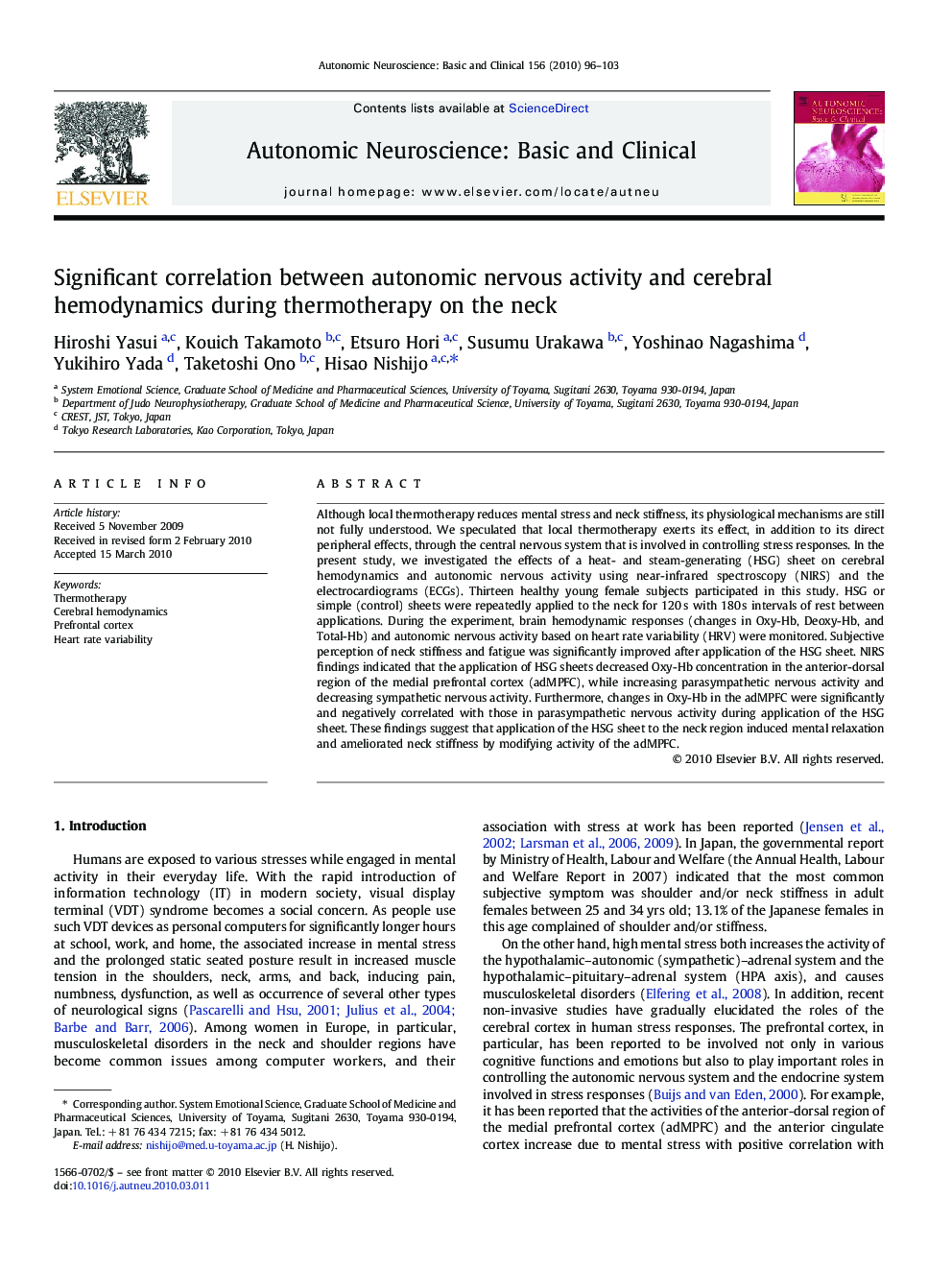 Significant correlation between autonomic nervous activity and cerebral hemodynamics during thermotherapy on the neck