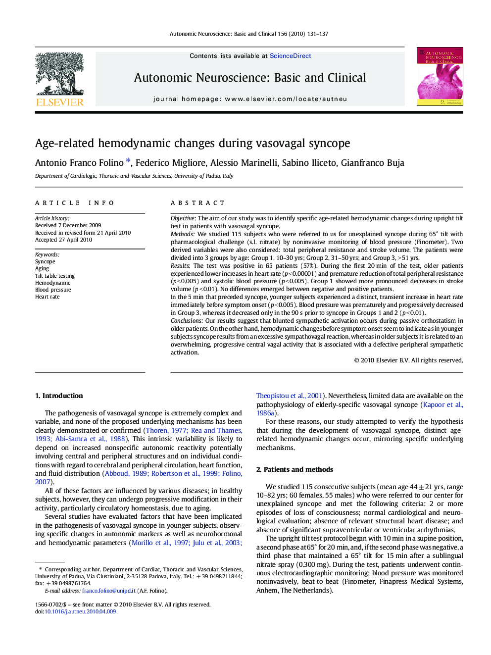 Age-related hemodynamic changes during vasovagal syncope