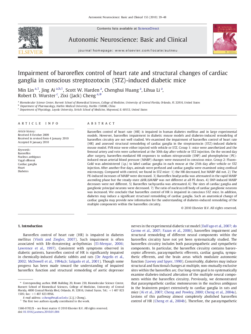 Impairment of baroreflex control of heart rate and structural changes of cardiac ganglia in conscious streptozotocin (STZ)-induced diabetic mice