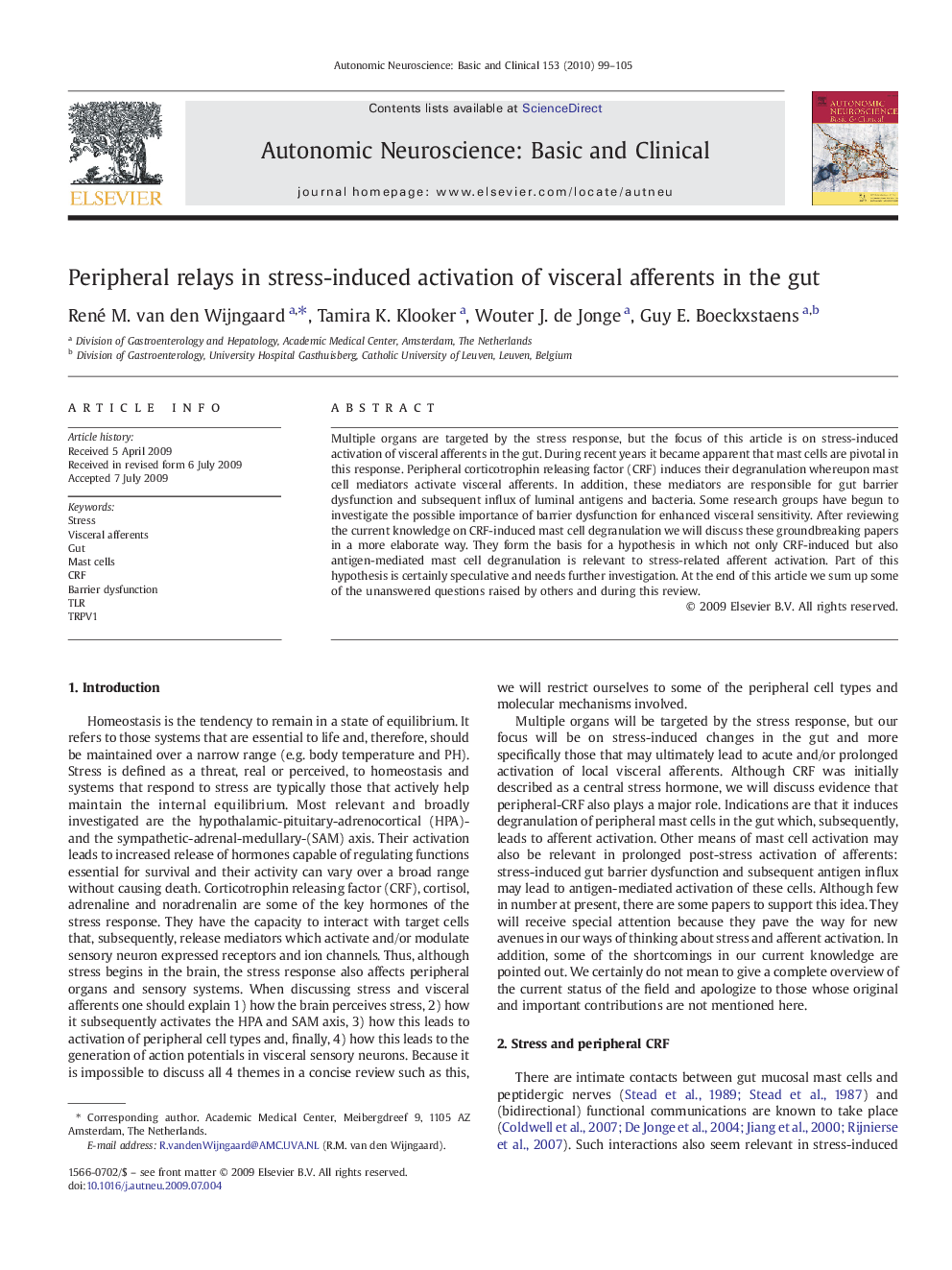 Peripheral relays in stress-induced activation of visceral afferents in the gut