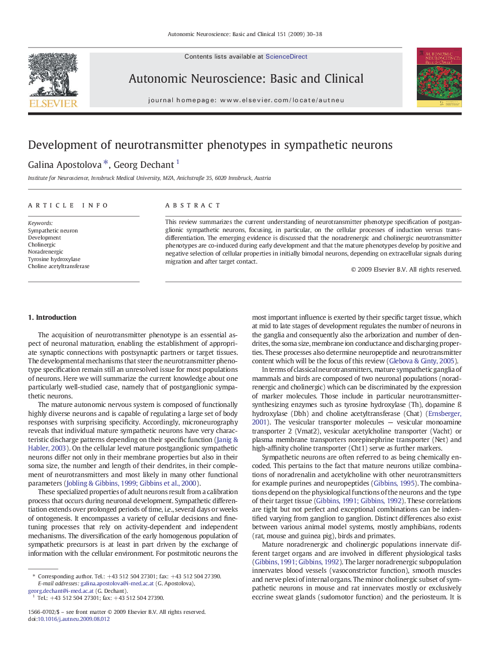 Development of neurotransmitter phenotypes in sympathetic neurons