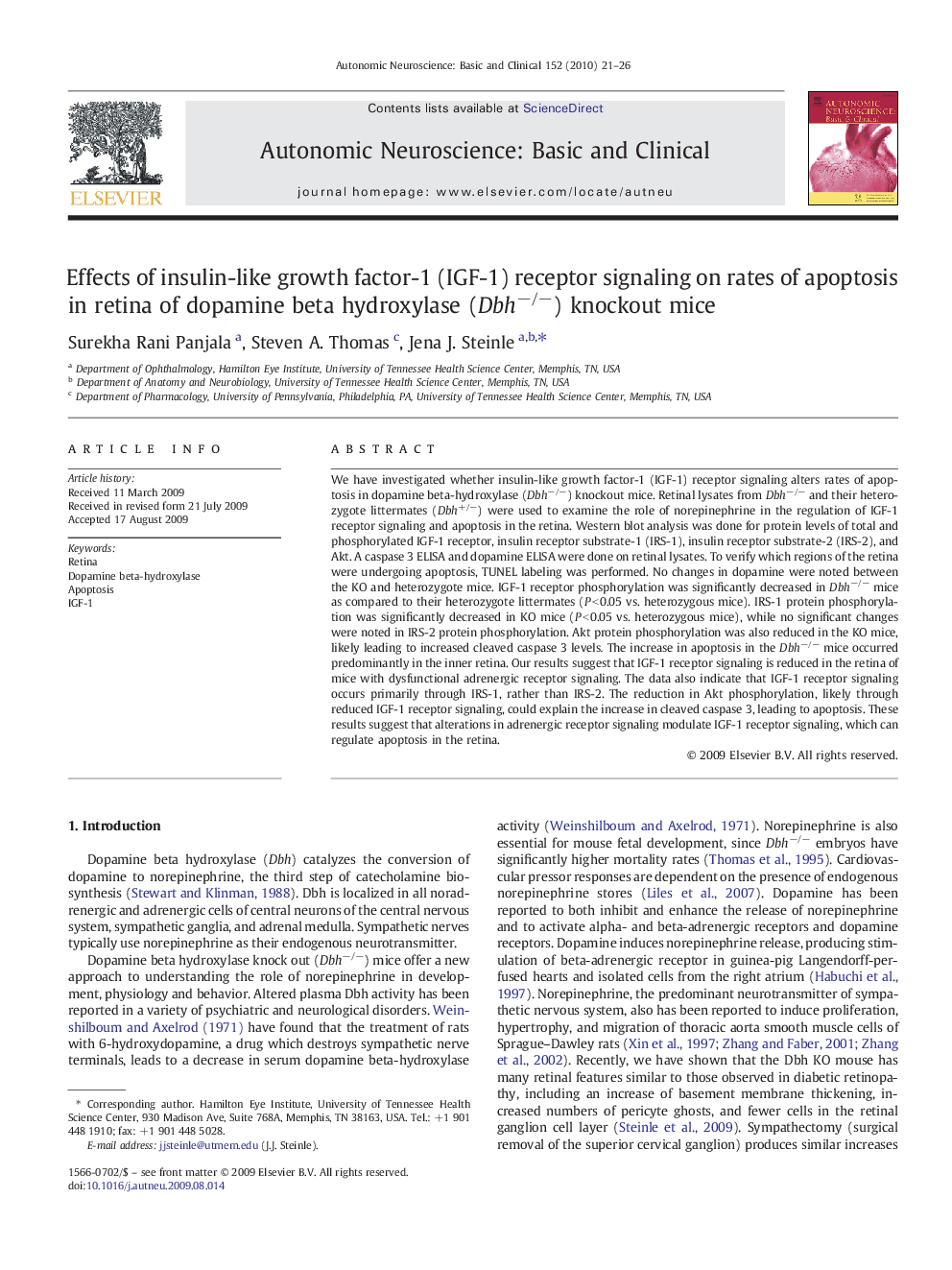 Effects of insulin-like growth factor-1 (IGF-1) receptor signaling on rates of apoptosis in retina of dopamine beta hydroxylase (Dbh−/−) knockout mice