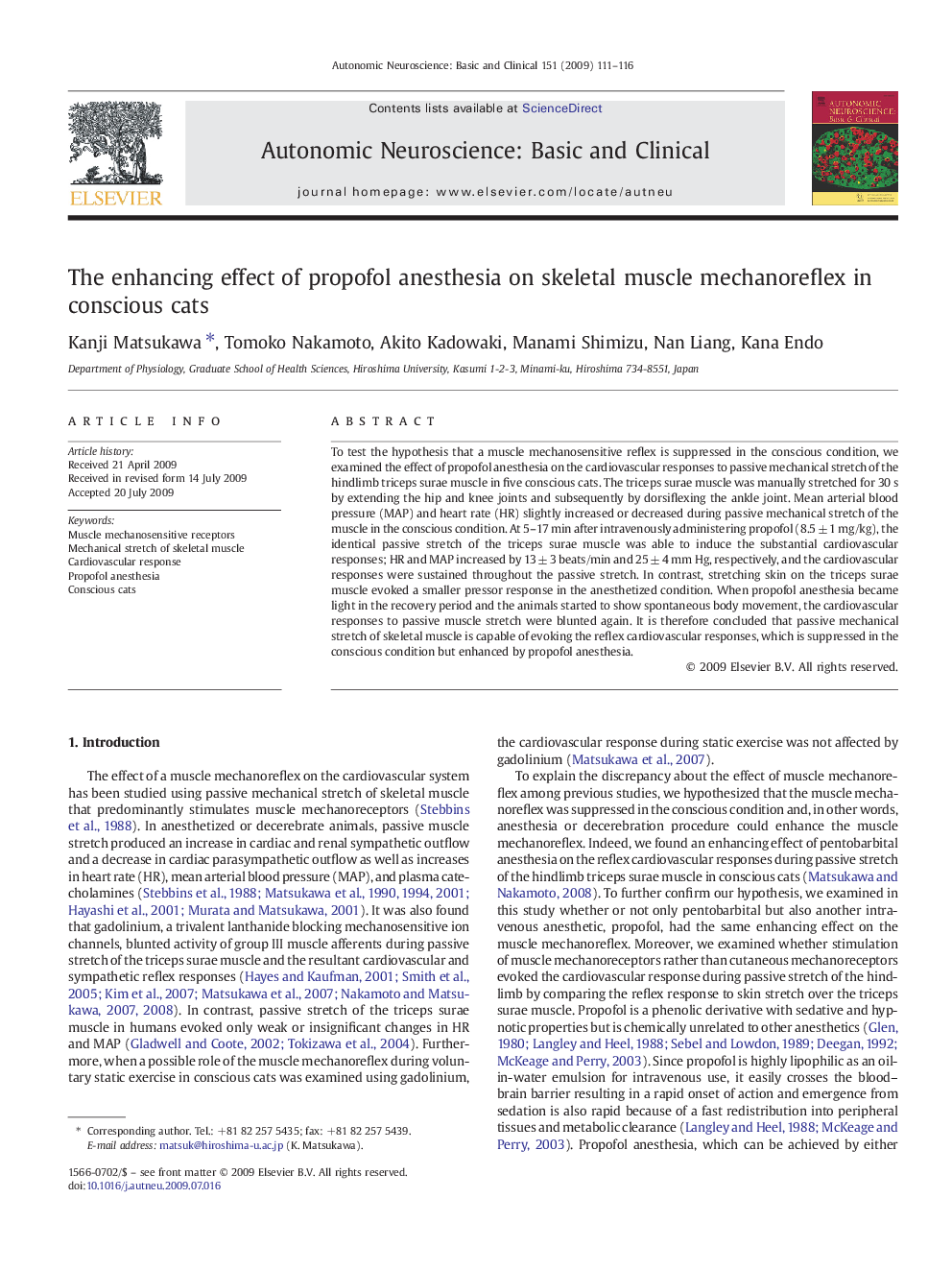 The enhancing effect of propofol anesthesia on skeletal muscle mechanoreflex in conscious cats