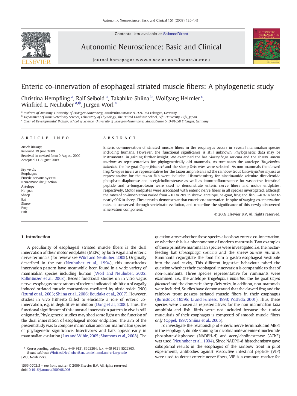 Enteric co-innervation of esophageal striated muscle fibers: A phylogenetic study