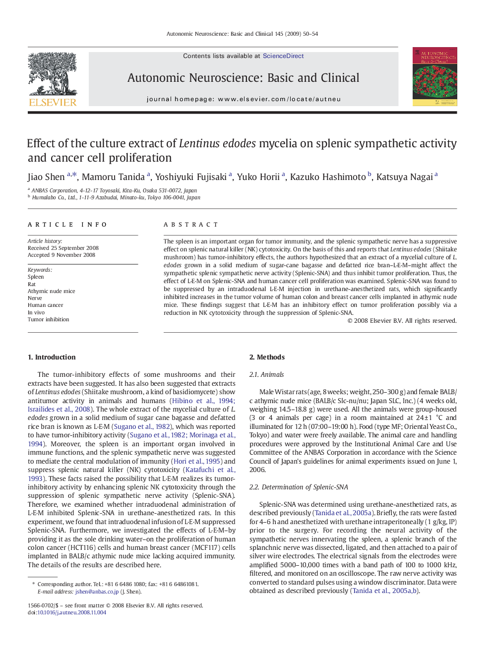 Effect of the culture extract of Lentinus edodes mycelia on splenic sympathetic activity and cancer cell proliferation