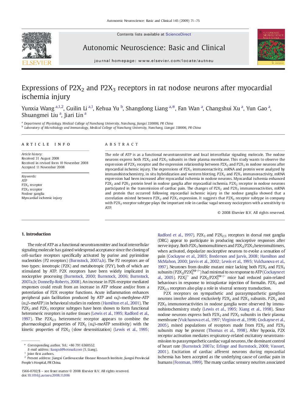 Expressions of P2X2 and P2X3 receptors in rat nodose neurons after myocardial ischemia injury