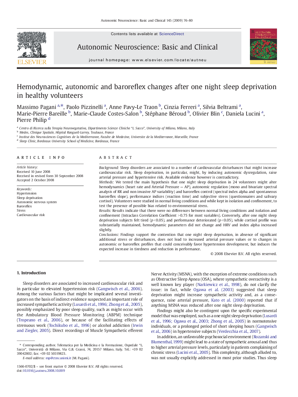 Hemodynamic, autonomic and baroreflex changes after one night sleep deprivation in healthy volunteers