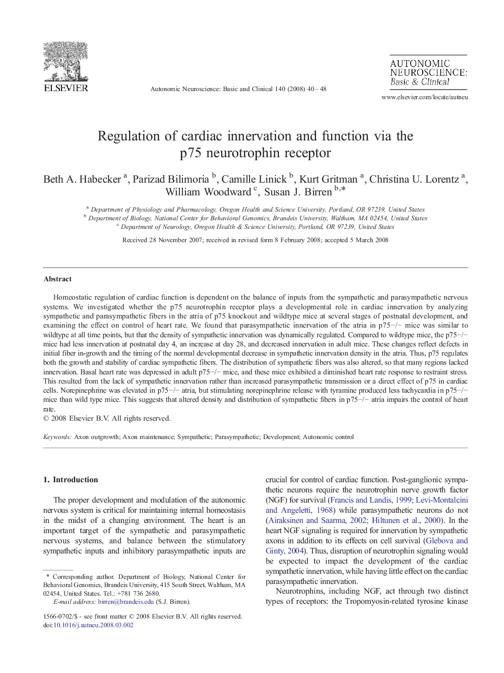 Regulation of cardiac innervation and function via the p75 neurotrophin receptor