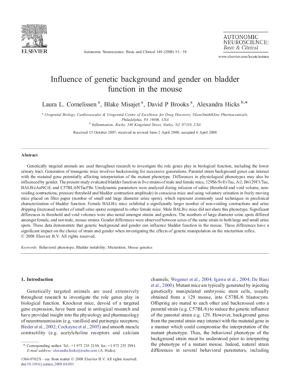 Influence of genetic background and gender on bladder function in the mouse