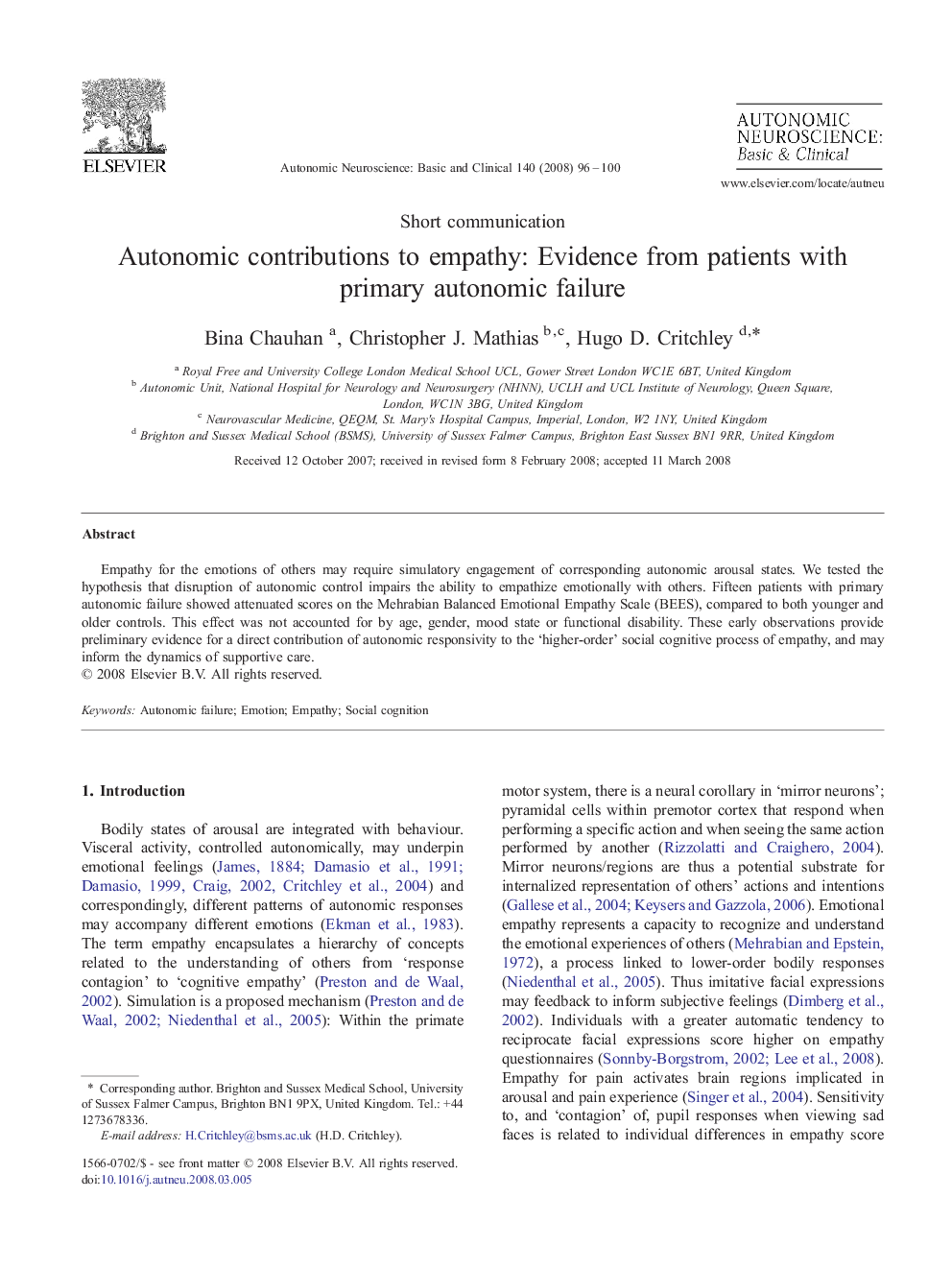 Autonomic contributions to empathy: Evidence from patients with primary autonomic failure