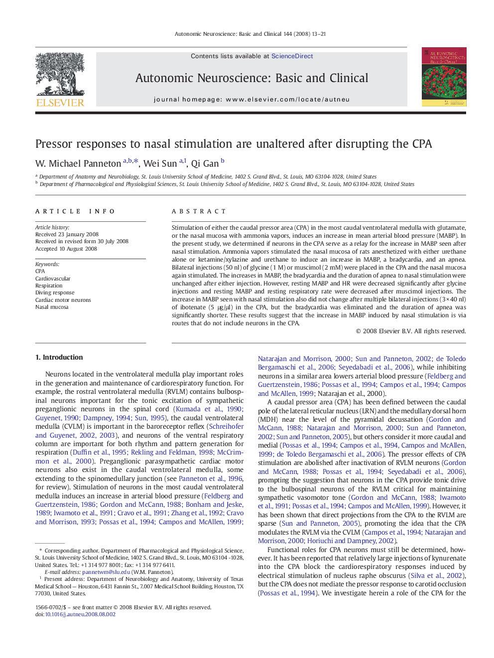 Pressor responses to nasal stimulation are unaltered after disrupting the CPA