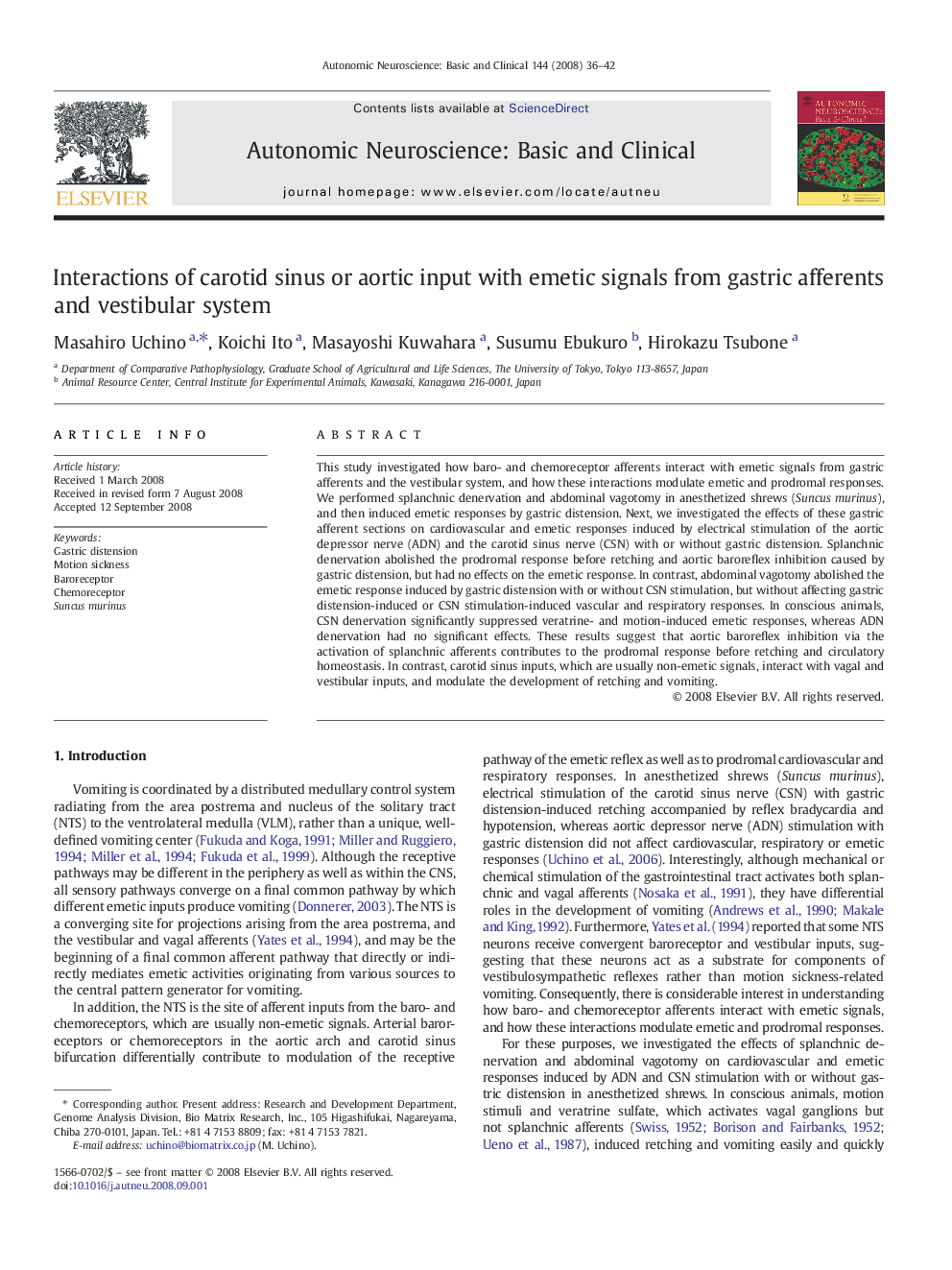 Interactions of carotid sinus or aortic input with emetic signals from gastric afferents and vestibular system