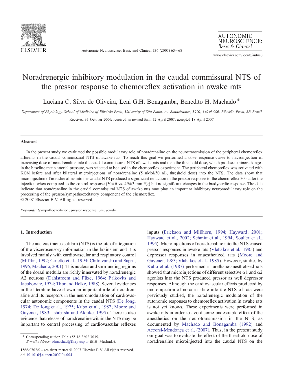 Noradrenergic inhibitory modulation in the caudal commissural NTS of the pressor response to chemoreflex activation in awake rats