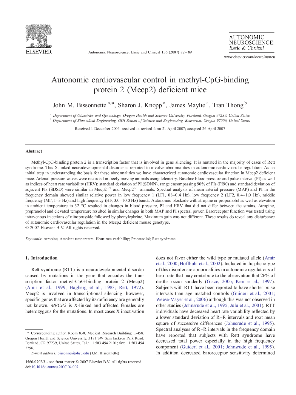 Autonomic cardiovascular control in methyl-CpG-binding protein 2 (Mecp2) deficient mice