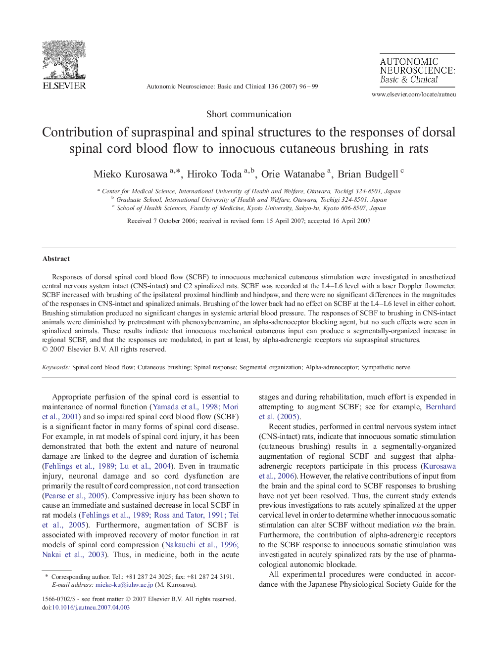 Contribution of supraspinal and spinal structures to the responses of dorsal spinal cord blood flow to innocuous cutaneous brushing in rats