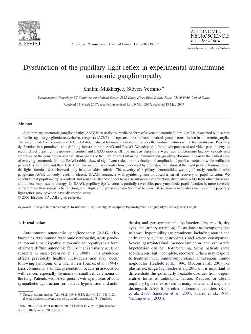 Dysfunction of the pupillary light reflex in experimental autoimmune autonomic ganglionopathy