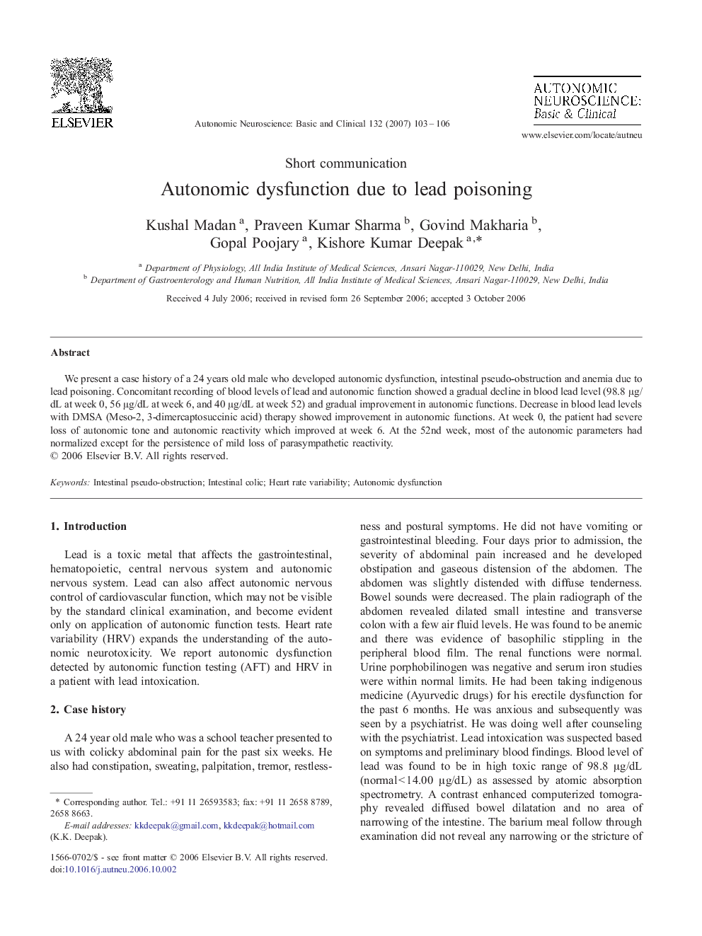 Autonomic dysfunction due to lead poisoning