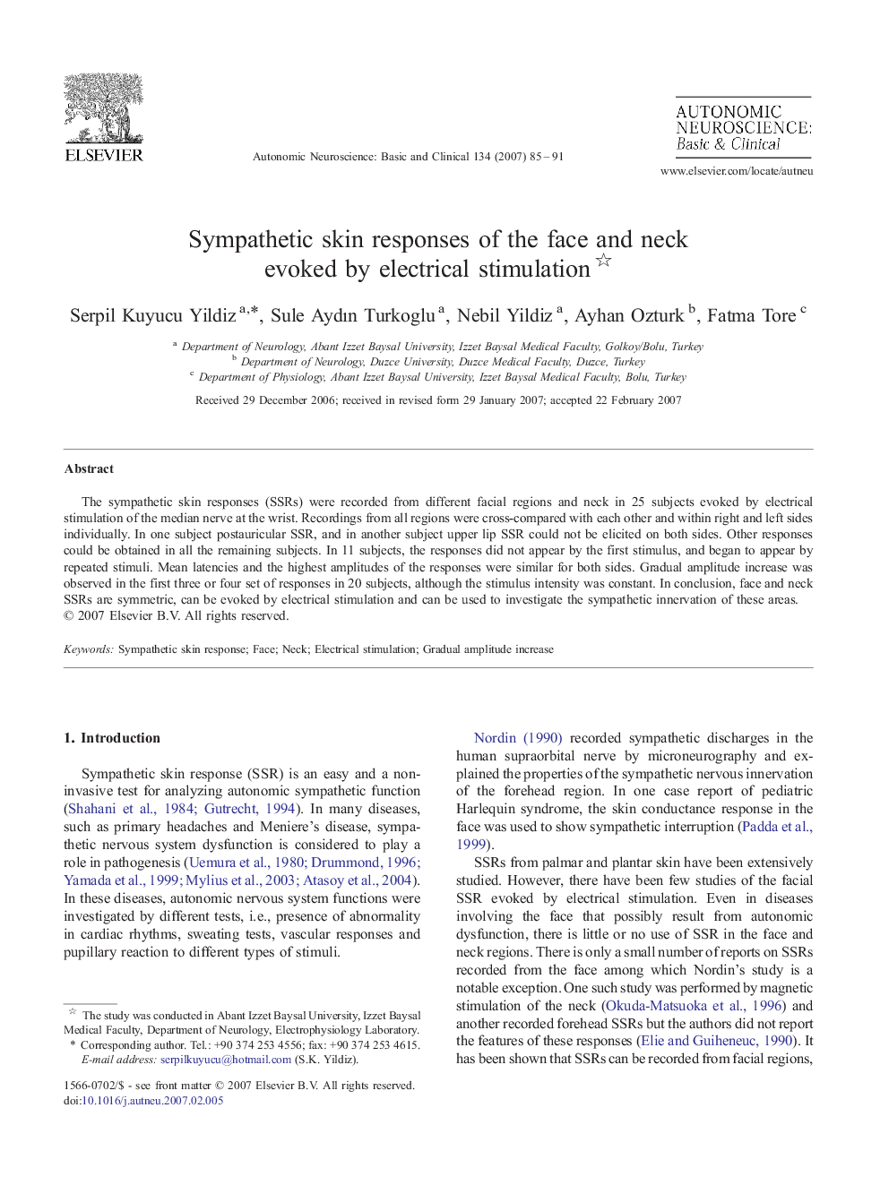 Sympathetic skin responses of the face and neck evoked by electrical stimulation