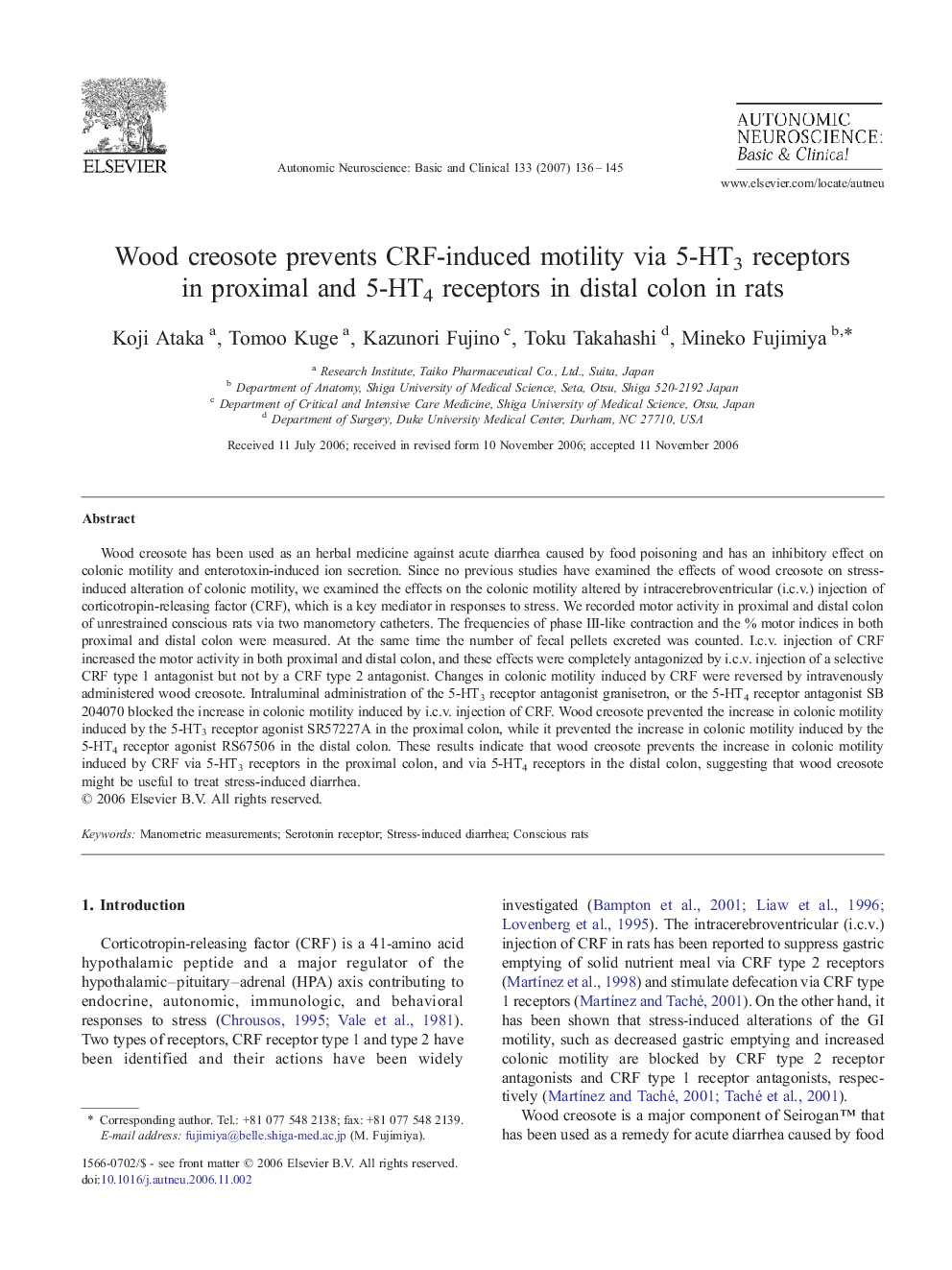 Wood creosote prevents CRF-induced motility via 5-HT3 receptors in proximal and 5-HT4 receptors in distal colon in rats