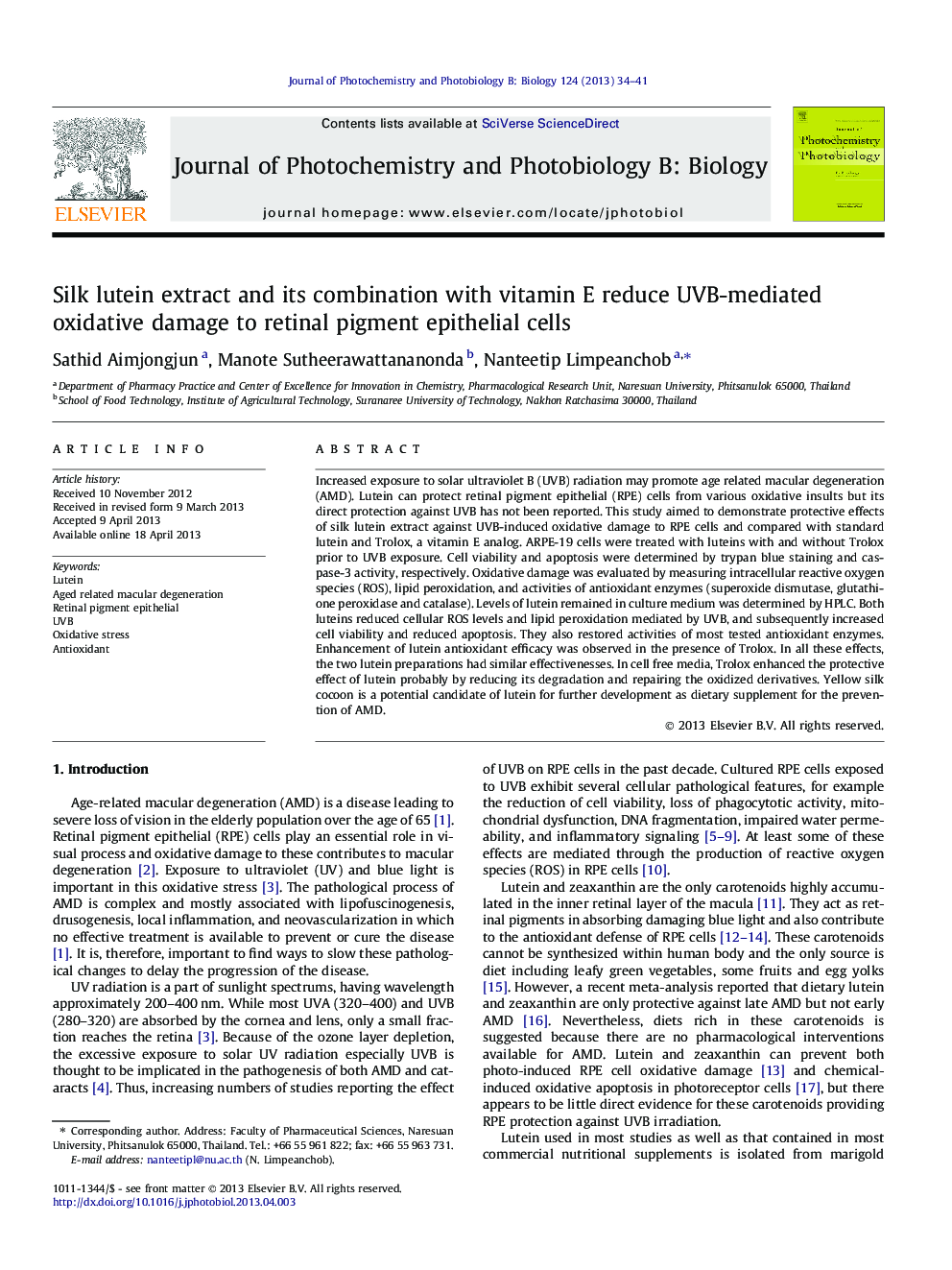 Silk lutein extract and its combination with vitamin E reduce UVB-mediated oxidative damage to retinal pigment epithelial cells