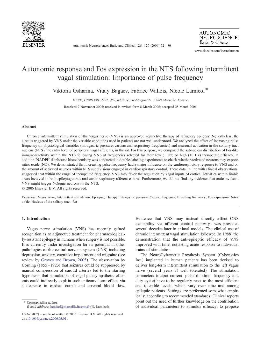 Autonomic response and Fos expression in the NTS following intermittent vagal stimulation: Importance of pulse frequency