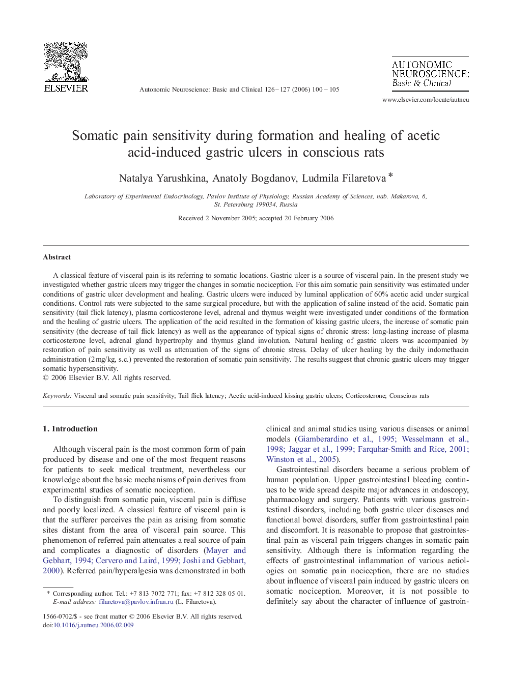 Somatic pain sensitivity during formation and healing of acetic acid-induced gastric ulcers in conscious rats