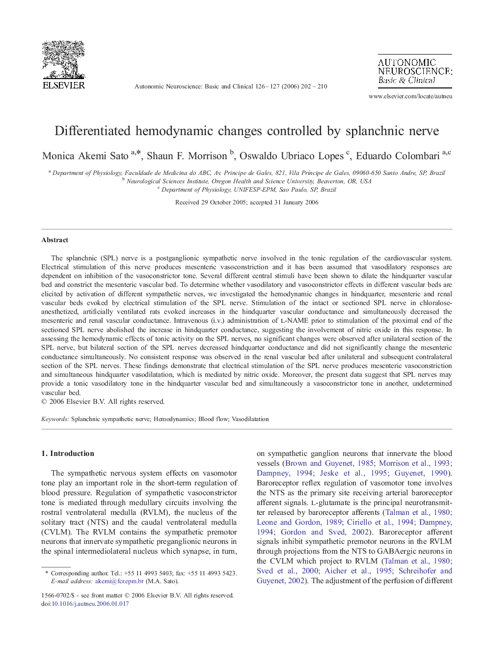 Differentiated hemodynamic changes controlled by splanchnic nerve