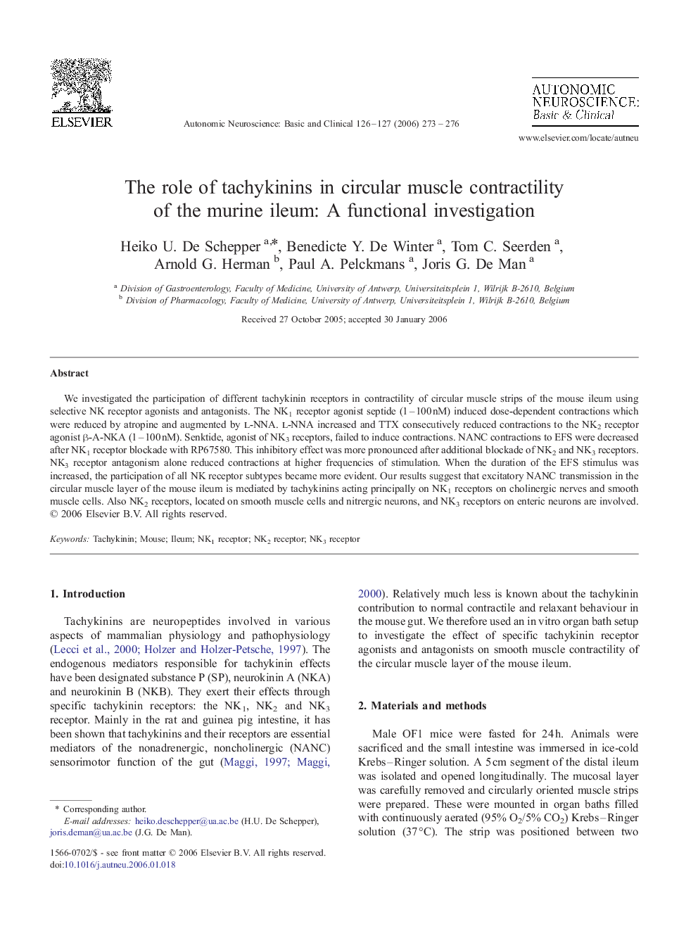 The role of tachykinins in circular muscle contractility of the murine ileum: A functional investigation