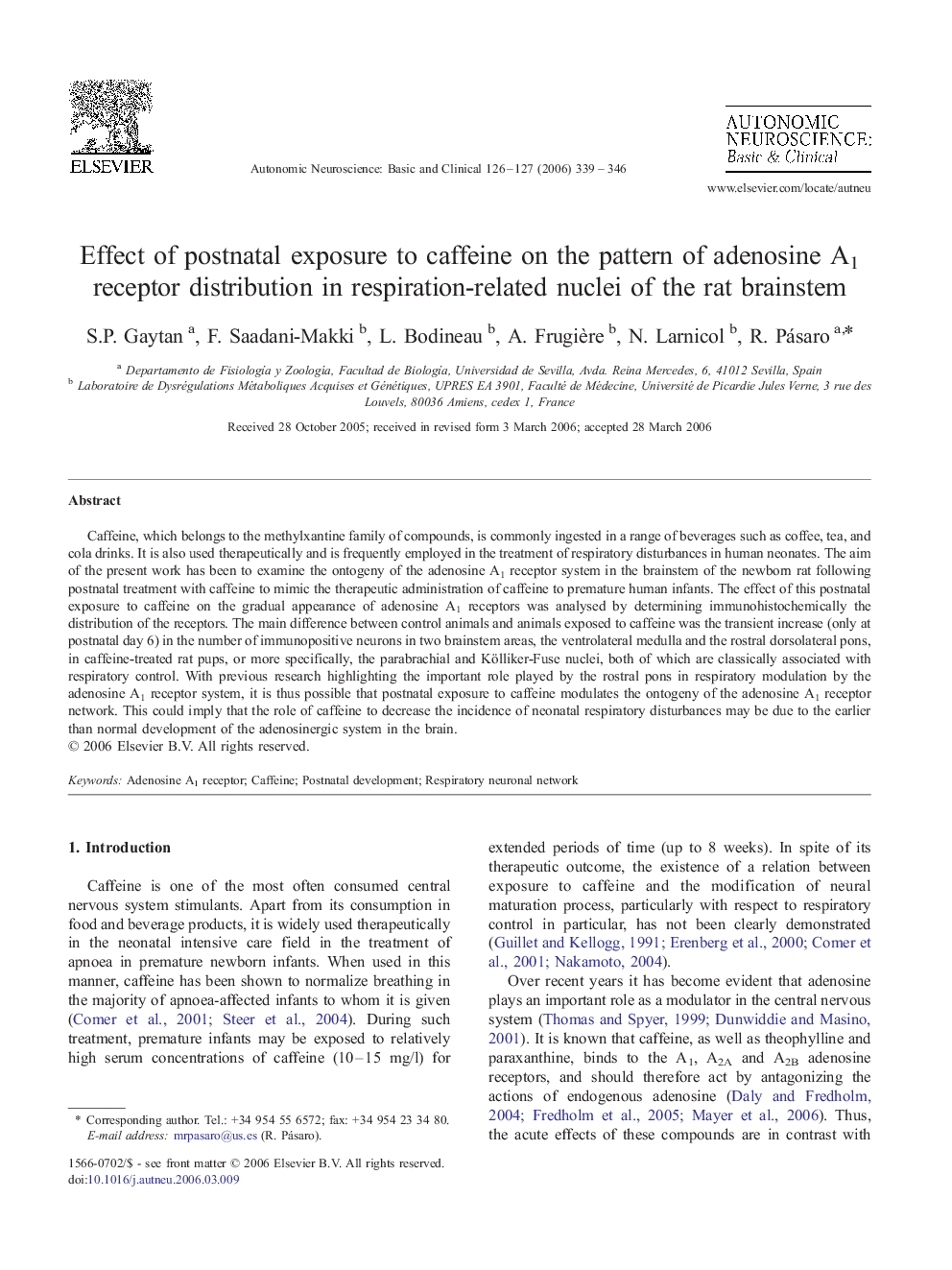 Effect of postnatal exposure to caffeine on the pattern of adenosine A1 receptor distribution in respiration-related nuclei of the rat brainstem