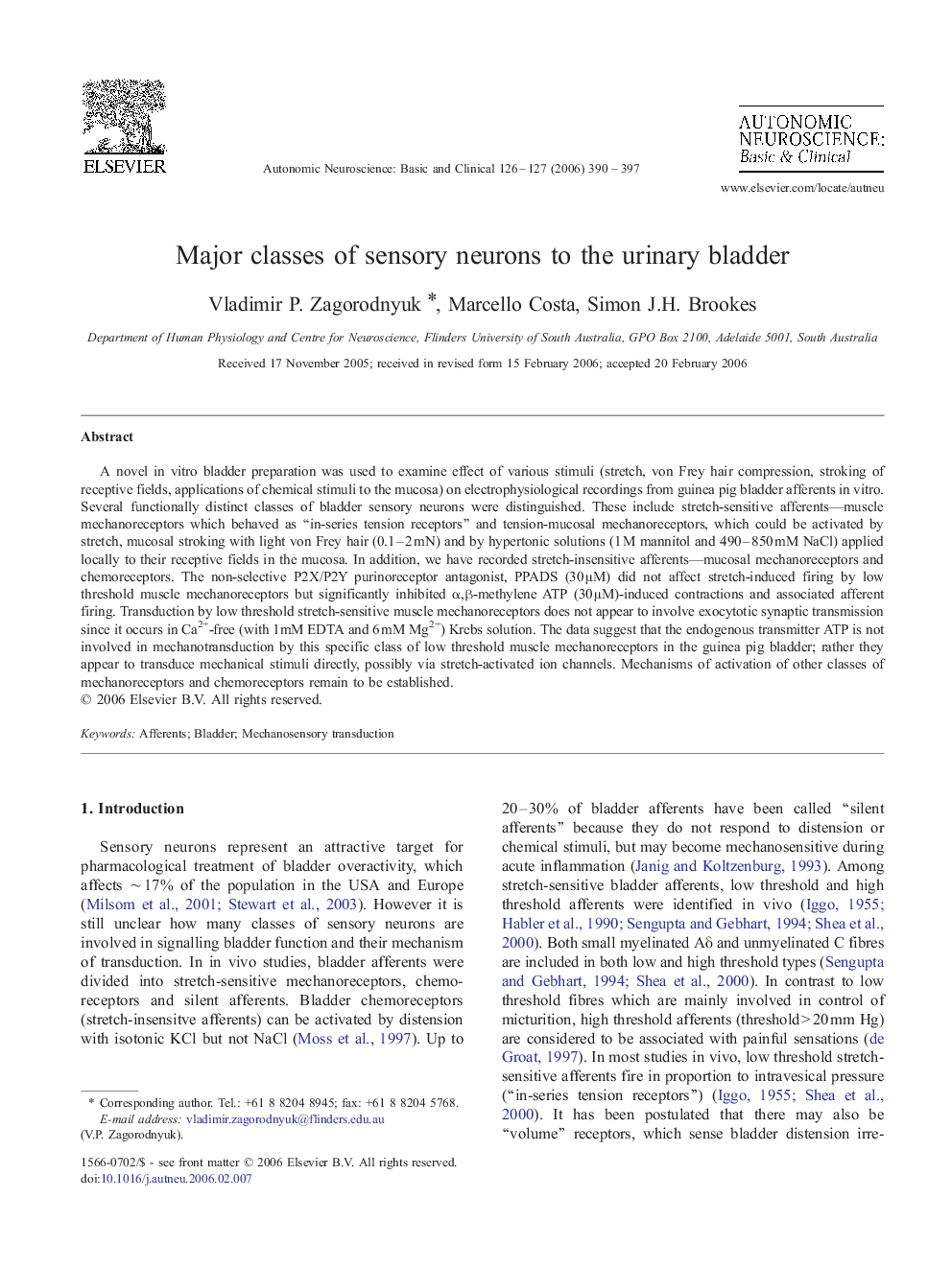 Major classes of sensory neurons to the urinary bladder