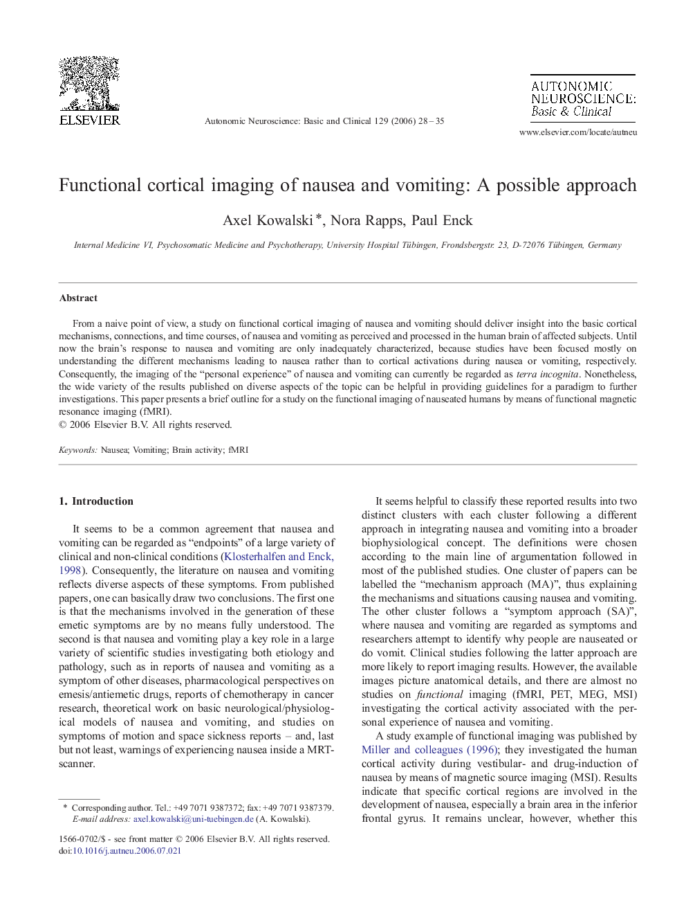 Functional cortical imaging of nausea and vomiting: A possible approach