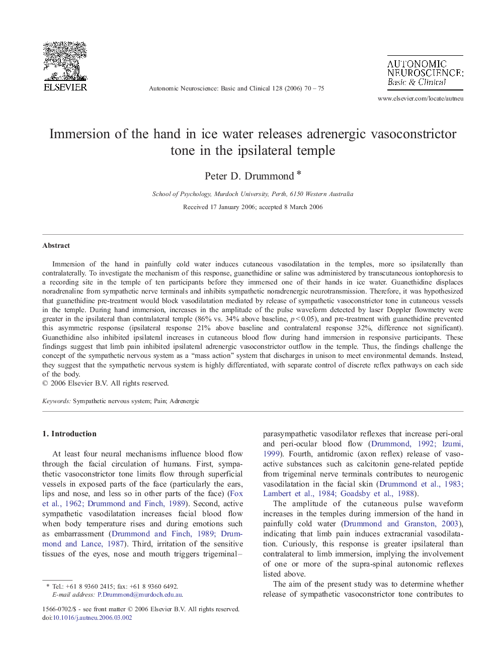 Immersion of the hand in ice water releases adrenergic vasoconstrictor tone in the ipsilateral temple