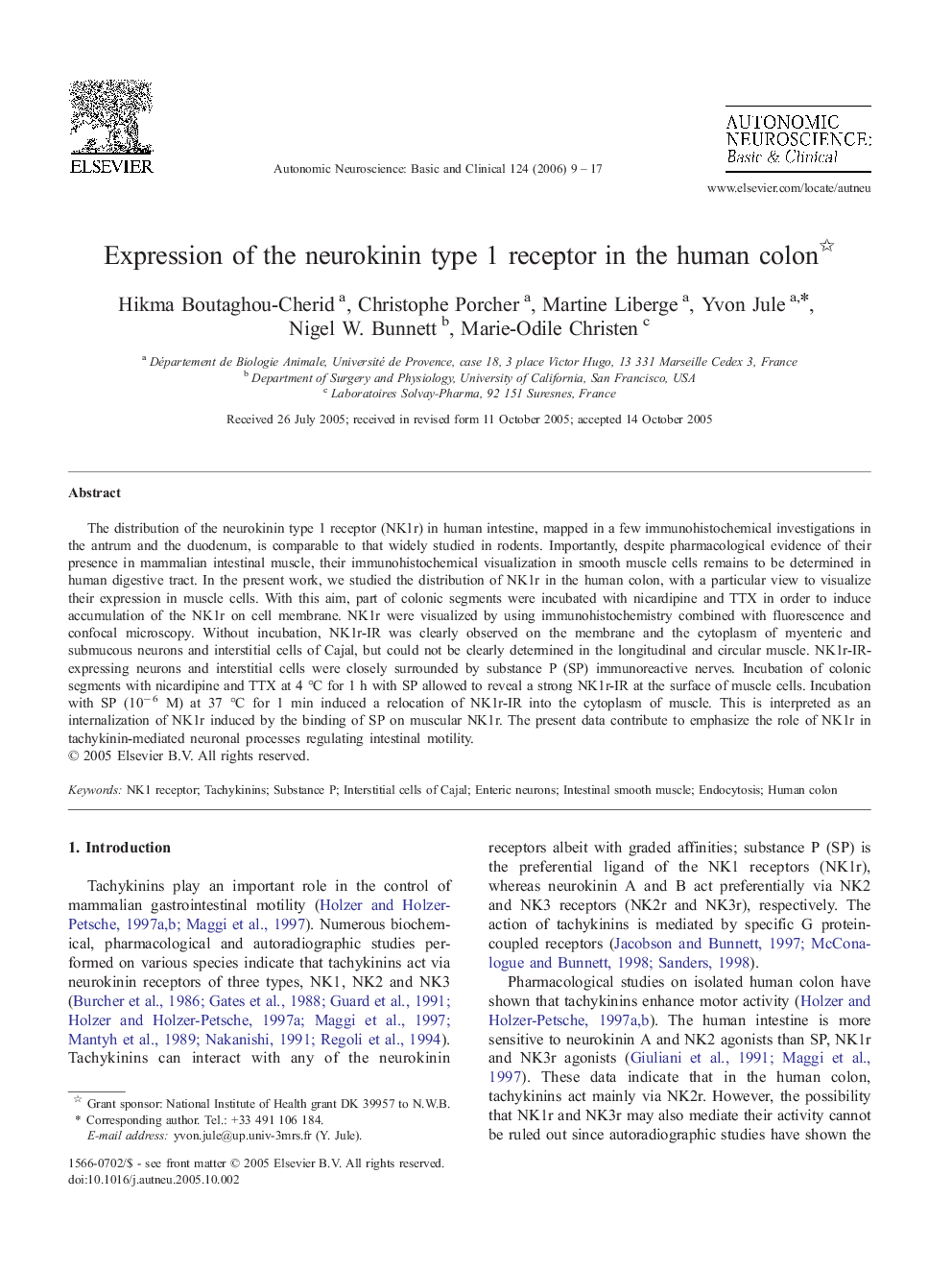 Expression of the neurokinin type 1 receptor in the human colon 