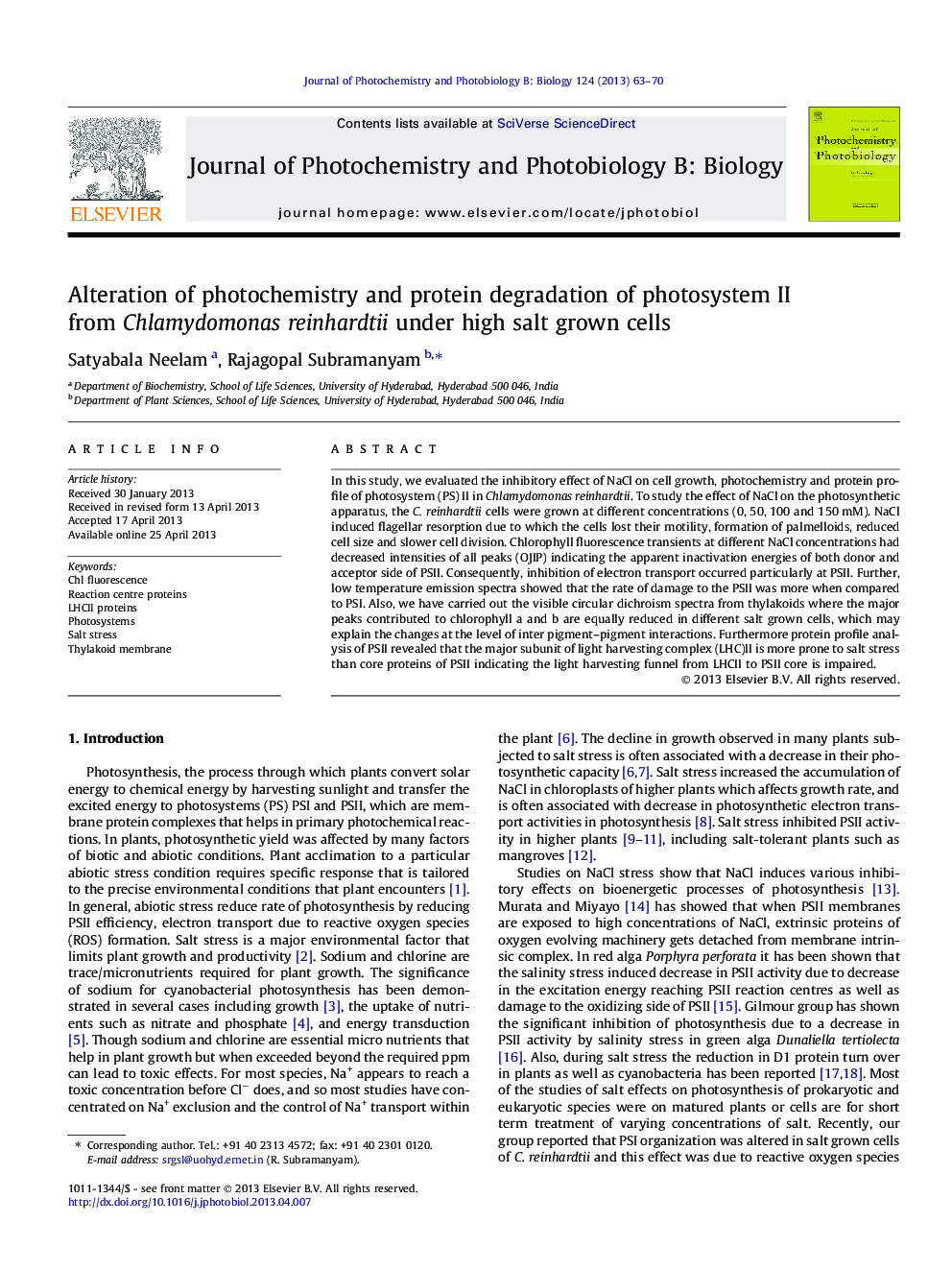 Alteration of photochemistry and protein degradation of photosystem II from Chlamydomonas reinhardtii under high salt grown cells