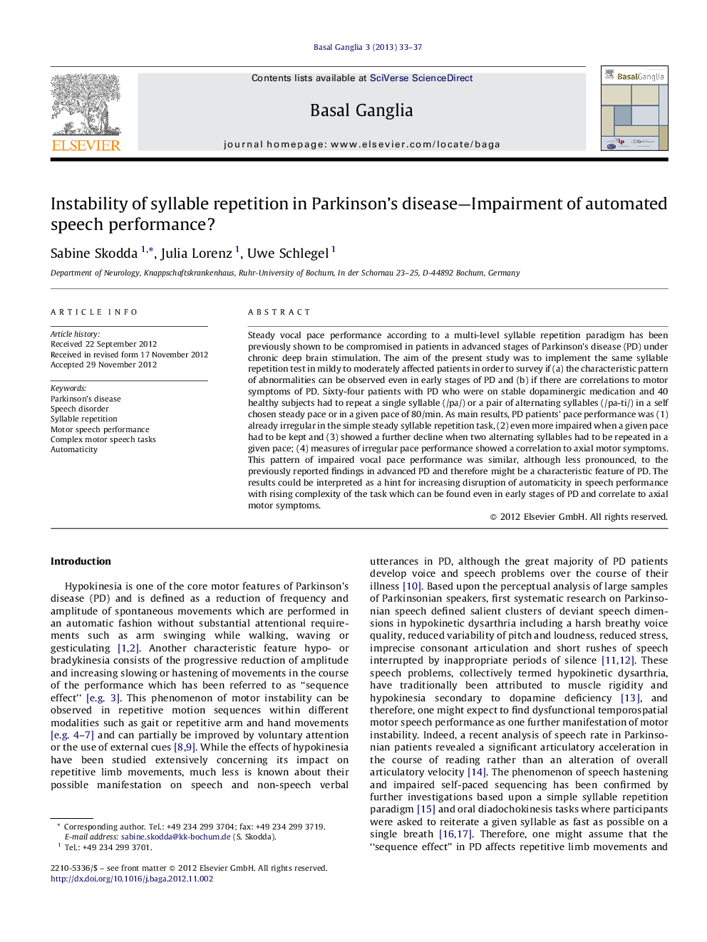 Instability of syllable repetition in Parkinson's disease—Impairment of automated speech performance?