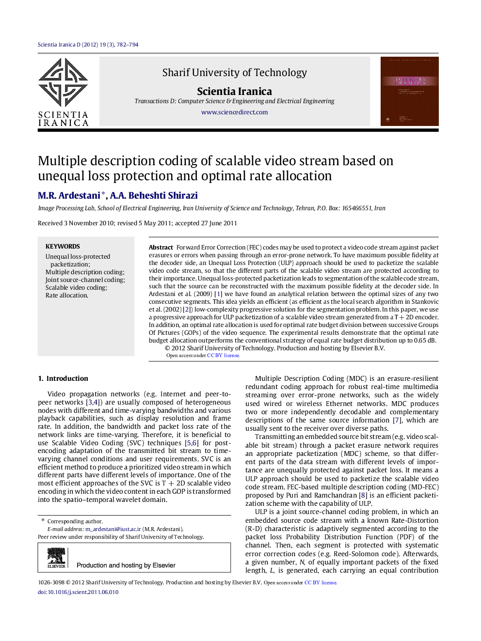 Multiple description coding of scalable video stream based on unequal loss protection and optimal rate allocation 