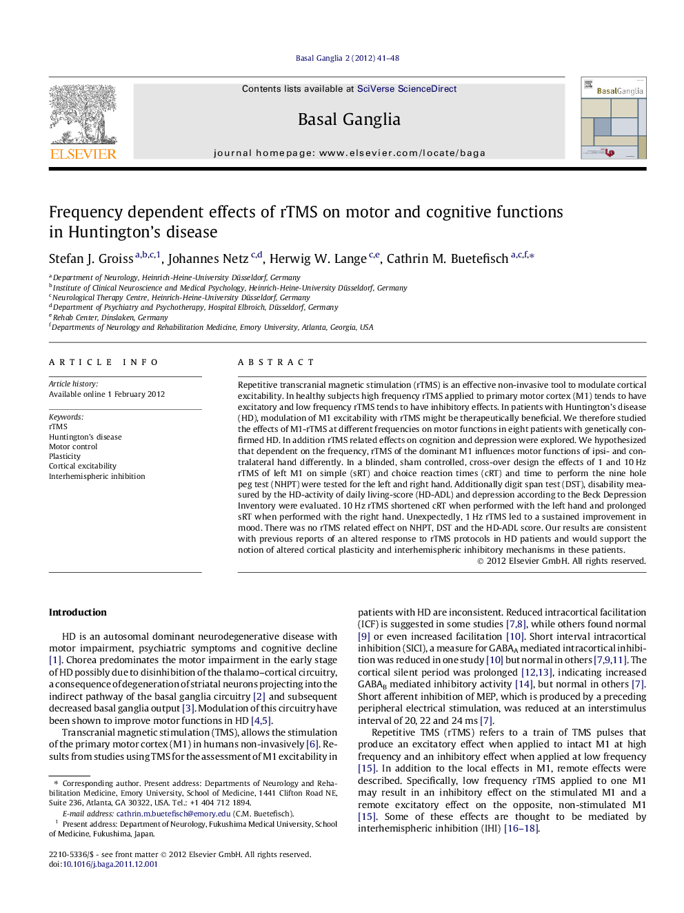 Frequency dependent effects of rTMS on motor and cognitive functions in Huntington’s disease