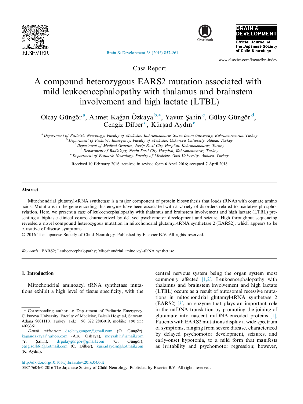 جهش های EARS2 هتروزیگوت ترکیب شده با لکوآنسفالوپاتی خفیف با درگیری تالاموس و مغز و لکتات بالا (LTBL)