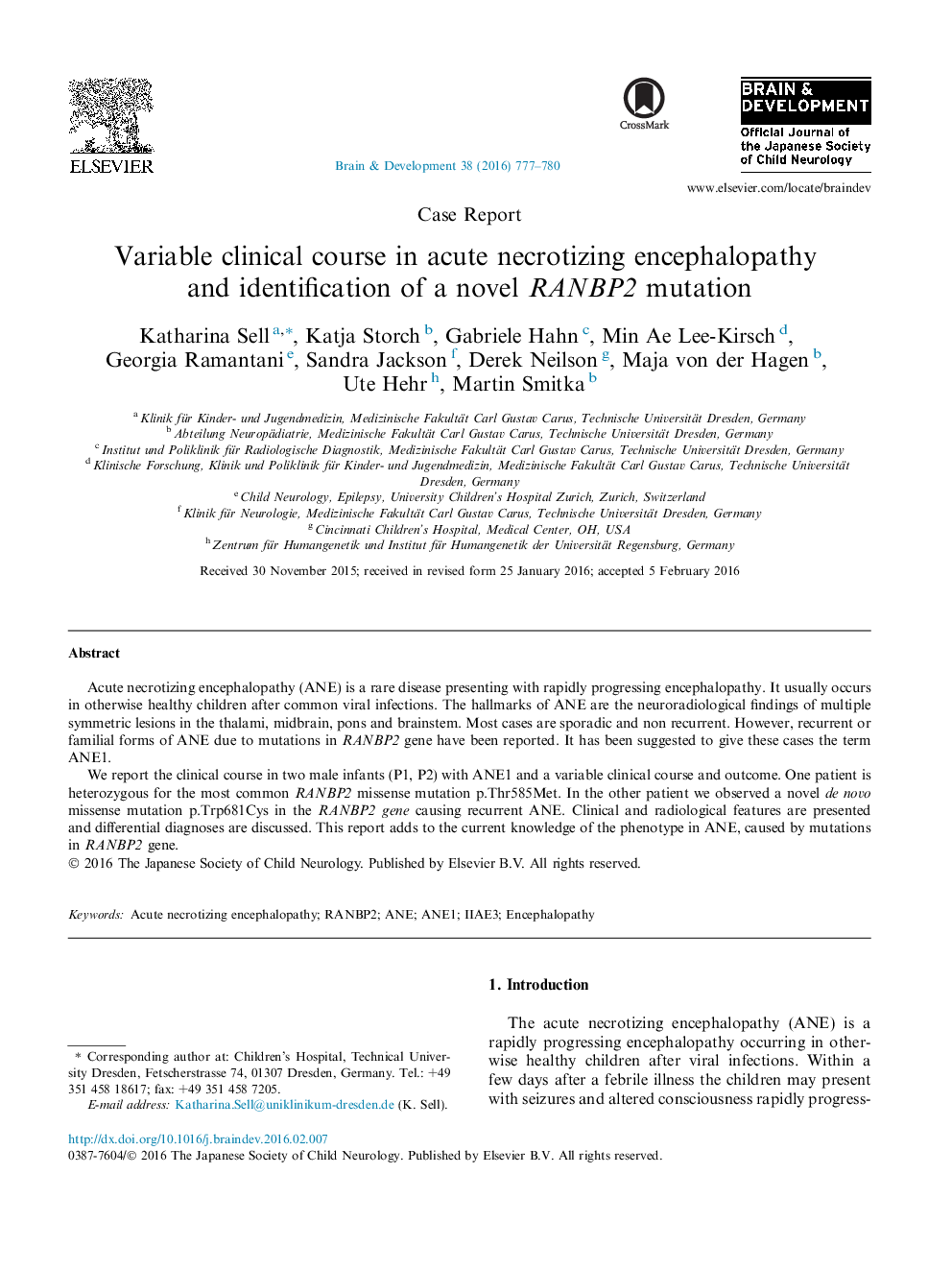 Variable clinical course in acute necrotizing encephalopathy and identification of a novel RANBP2 mutation