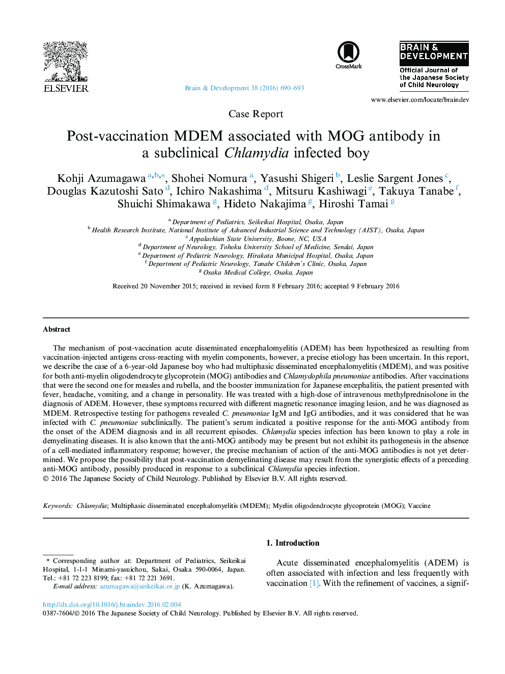 Post-vaccination MDEM associated with MOG antibody in a subclinical Chlamydia infected boy