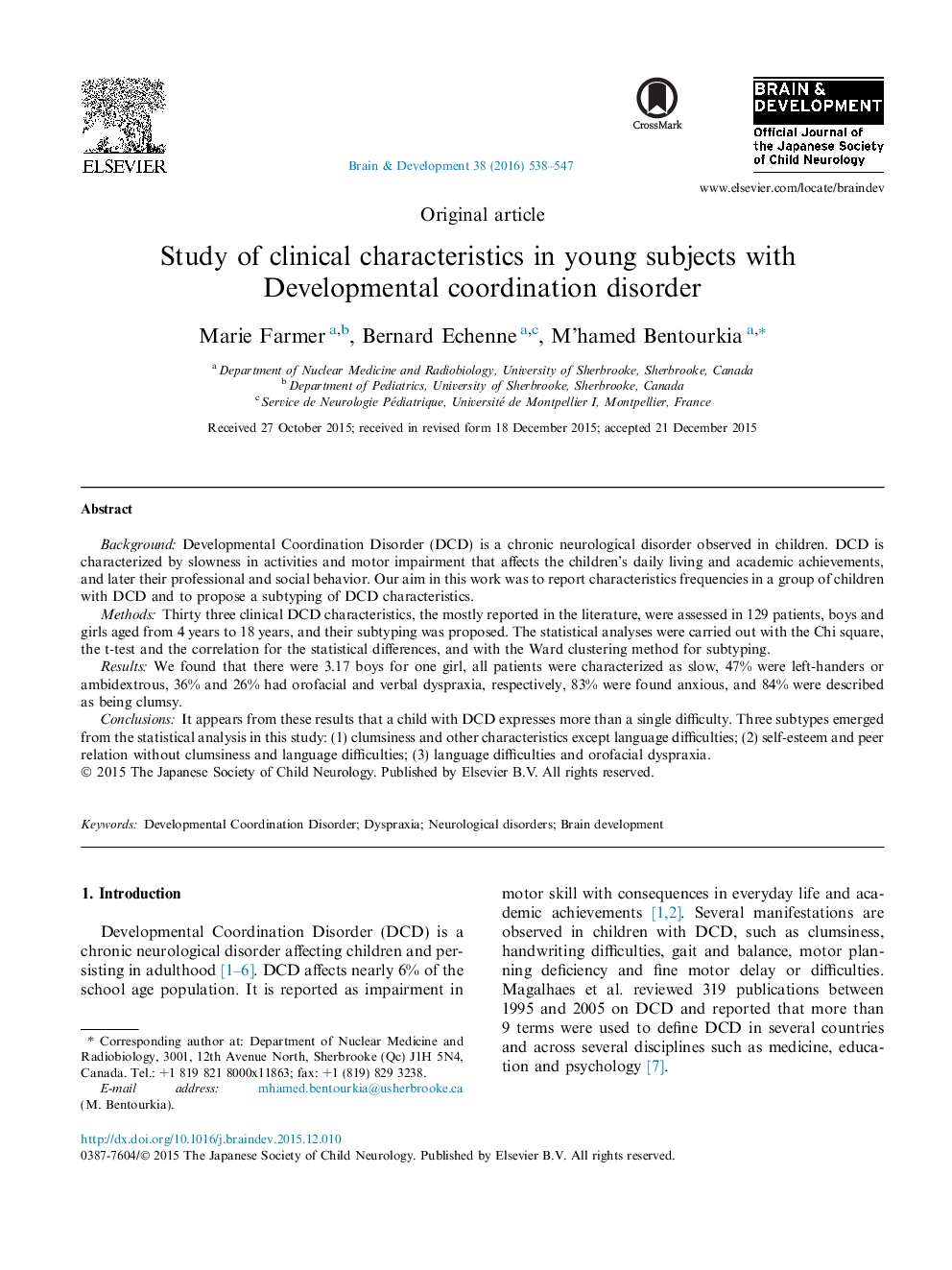 Study of clinical characteristics in young subjects with Developmental coordination disorder