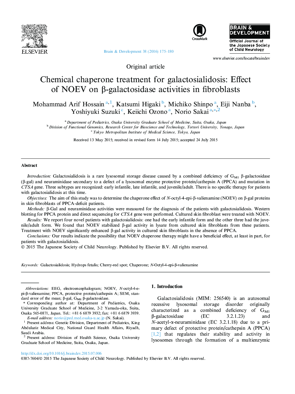 عکس صفحه اول مقاله: Chemical chaperone treatment for galactosialidosis: Effect of NOEV on β-galactosidase activities in fibroblasts Chemical chaperone treatment for galactosialidosis: Effect of NOEV on β-galactosidase activities in fibroblasts