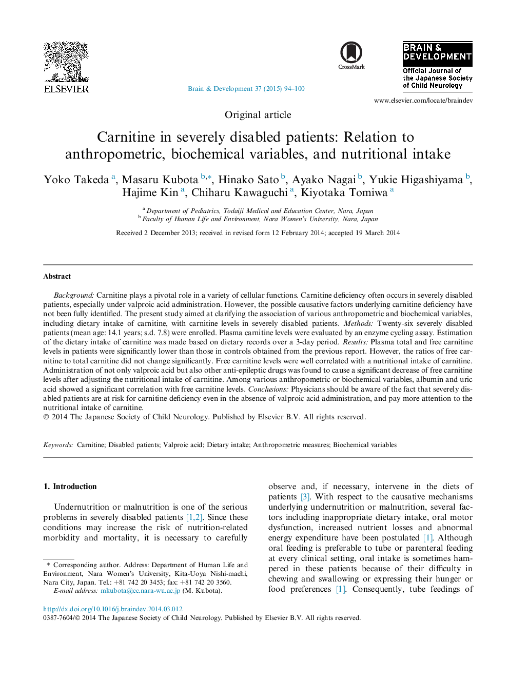 Carnitine in severely disabled patients: Relation to anthropometric, biochemical variables, and nutritional intake